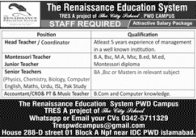 The Renaissance Education System TRES Islamabad Jobs 2025