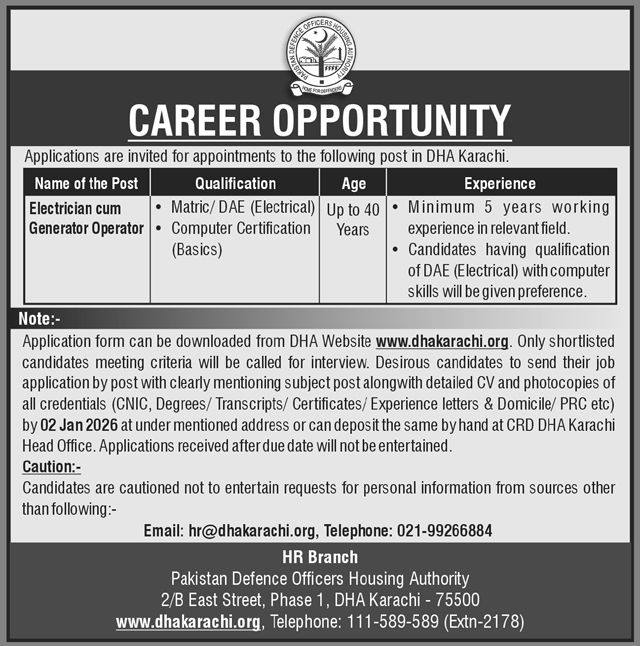 Defence Housing Authority DHA Karachi Jobs 2026